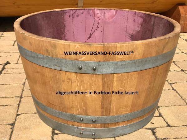 100 Liter rustikaler Pflanzkbel / Miniteich / Mini-Tisch mit Weincharakter aus gebrauchtem Barrique-Eichenfass -  Halbfass mit D.69cm,H.40cm Fasshlfte