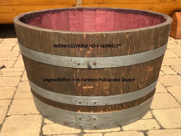 100 Liter rustikaler Pflanzkbel / Miniteich / Mini-Tisch mit Weincharakter aus gebrauchtem Barrique-Eichenfass -  Halbfass mit D.69cm,H.40cm Fasshlfte