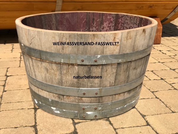 100 Liter rustikaler Pflanzkbel / Miniteich / Mini-Tisch mit Weincharakter aus gebrauchtem Barrique-Eichenfass -  Halbfass mit D.69cm,H.40cm Fasshlfte