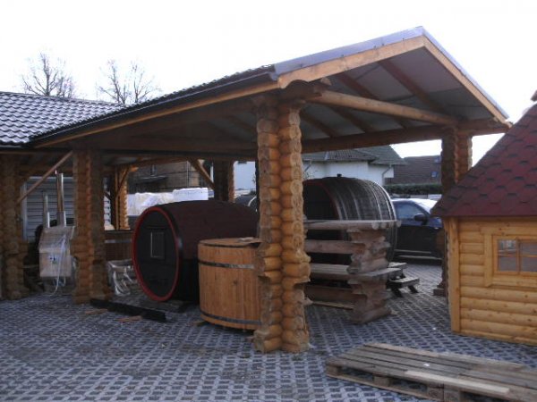 RBP65 Rundbohlen Pavillon  RBP6x5m, H.2,7-3m mit  Satteldach / Flachdach Gartenpavillon Carport Garage aus 20cm Baumstmmen Massivholz