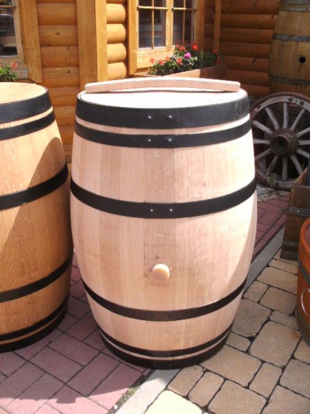 225 Liter Weinfass Regentonne schwarze Ringe aus gebr. Barrique Eichenfass Hhe 90-95cm, Durchmesser 70-73cm Holzfass Wasserfass Regenfass Tonne
