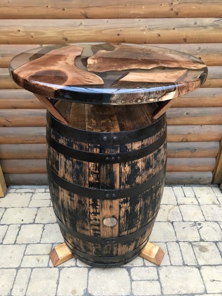 Einmaliges Einzelnstck 190 Liter Bourbon Whisky - Fasstisch mit D.80cm Kunst - Tischplatte Whiskyfass Eichenfass Sthetisch Bistrotisch Tisch