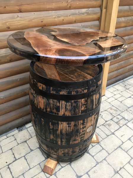 Einmaliges Einzelnstck 190 Liter Bourbon Whisky - Fasstisch mit D.80cm Kunst - Tischplatte Whiskyfass Eichenfass Sthetisch Bistrotisch Tisch