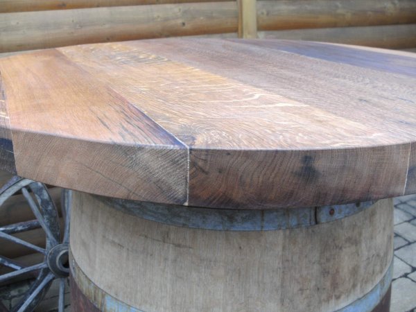 TP100EM - Tischplatte aus massivem Eichenholz aus original Fassboden mit D. 100cm und 3-4cm Stärke