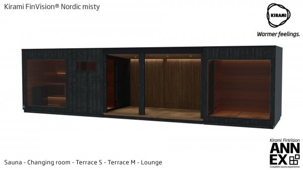 ORIGINAL KIRAMI ANNEX MODUL-KOMBINATION FinVision Nordic misty Außensauna Gertensauna Holzsauna Sauna mit Elektro / Holzbefeuerung montiert