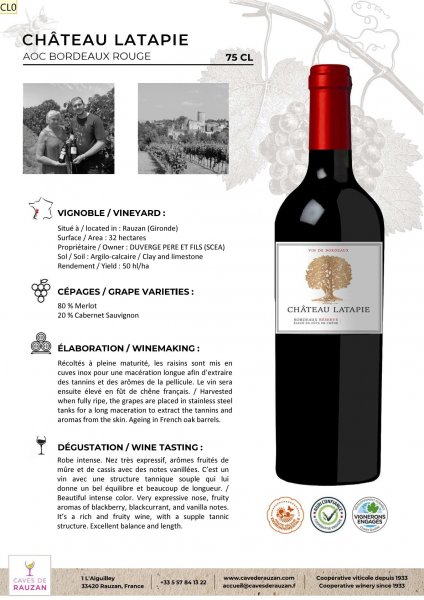 Chateau LATAPIE 2018 - 60 x 0,75L Flaschen Rotwein im Barriquefass gereift AOC BORDEAUX ROUGE