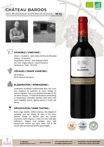 Chateau BARDOS 2022 - 60 x 0,75L Flaschen Rotwein im Barriquefass gereift AOC BORDEAUX SUPERIEUR