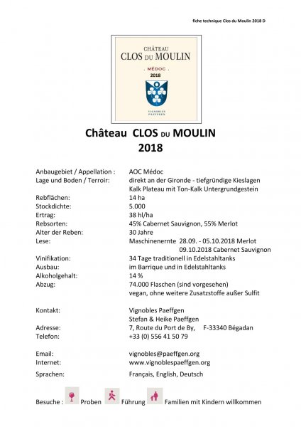 CLOS DU MOULIN 2018 - 60 x 0,75L Flaschen Rotwein im Barriquefass gereift CRU BOURGEOIS MEDOC