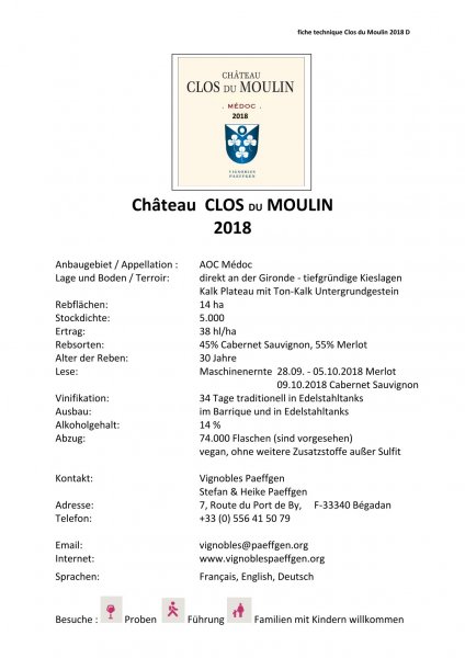 CLOS DU MOULIN 2016 - 12 x 0,75L Flaschen Rotwein im Barriquefass gereift CRU BOURGEOIS MEDOC