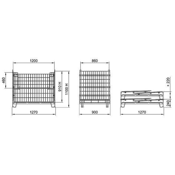 P880 GITTERBOX FR 704 liegende / 606 stehende WEINFLASCHEN 127X90XH.110cm aus Feuerverzinktem Stahl stapelbar