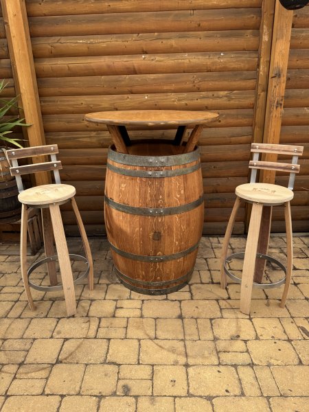 Fasstisch BORDEAUX - Tischplatte D.80 H110cm + 4 Fass-Barhocker-M8