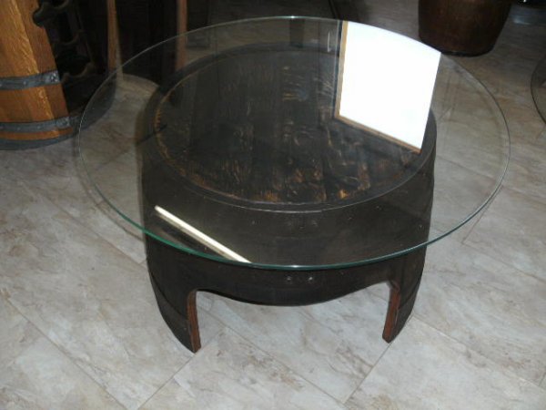 Fasstisch-REGENT-W mit Glas-Tischplatte mit 80cm Durchmesser, Höhe 40cm.