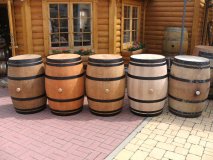 225 Liter Weinfass Regentonne schwarze Ringe aus gebr. Barrique Eichenfass Hhe 90-95cm, Durchmesser 70-73cm Holzfass Wasserfass Regenfass Tonne