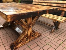 2m FACHWERK - Sitzgruppe Tisch+2xBänke mit Rueckenlehnen  FWSGRL2M aus massiven ALT- & Neu-HOLZ FICHTE mit 2m Länge und 100cm Breite Höhe 77cm