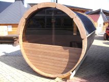 SFF19301  1,9 m, L 3,0 m, Saunafass, fertig zusammengebaut aus Thermowood mit Halbglass - Panoramawand mit oder ohne 0,6mTerrasse fr 6 Personen